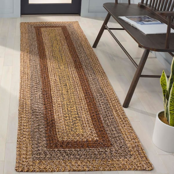Braided Brown/Gold 2 ft. x 8 ft. Machine Washable Solid Striped Border Runner Rug