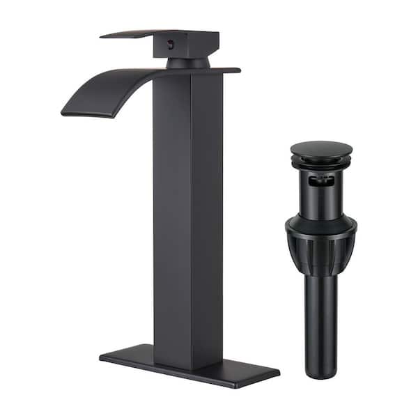 High Arc Waterfall Single Handle Single Hole Bathroom Faucet with Drain Kit Included in Black