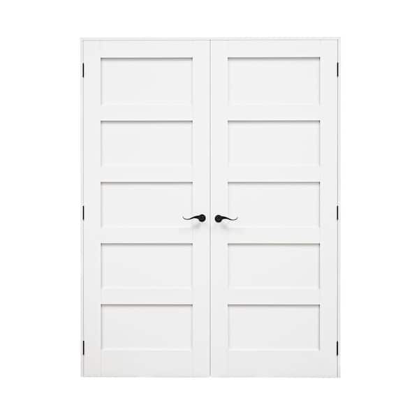 64 in. x 96 in. 5-Paneled Blank White Solid Core Wood Universal Double Prehung Interior French Door+ Quick Assemble Jamb