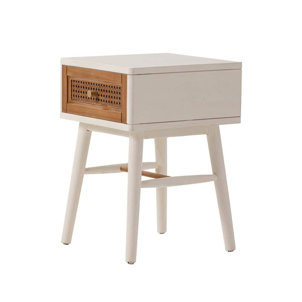 Coastal Chic Distressed White Woven Cane Nightstand with Brass Knobs