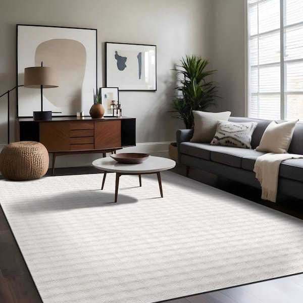 Aurora 5 ft. x 7 ft. White Non-Slip Rubber Back Washable Polyester Checker Indoor Area Rug