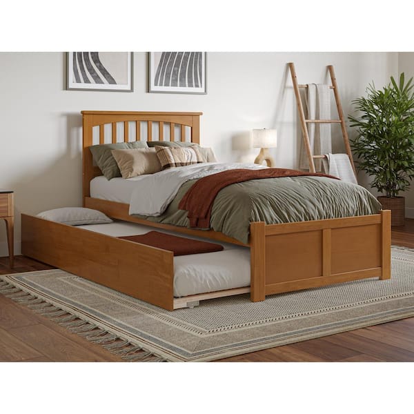 AFI Mission Light Toffee Natural Bronze Solid Wood Frame Twin XL Platform Bed with Footboard and Twin XL Trundle