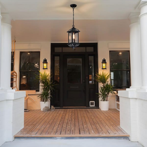 16.14 in. 1-Light Black Outdoor Pendant Light Fixture with Clear Beveled Glass