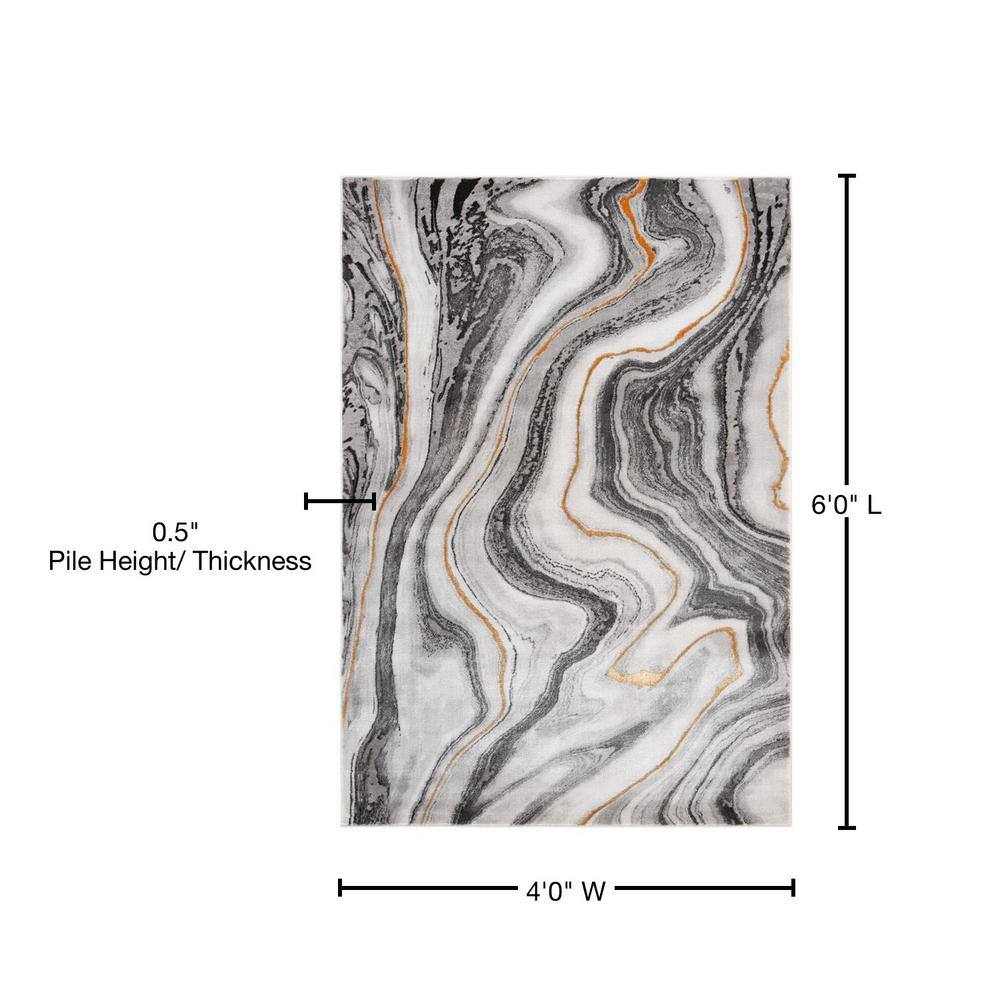 Grey and Gold Abstract 4' x 6' Stain-Resistant Synthetic Rug
