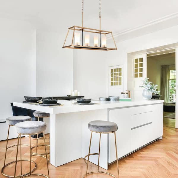 28.5 in. 4-Light Modern Gold Island Chandelier, Transitional Black Cage Chandelier, Frosted Glass LED Pendant Light