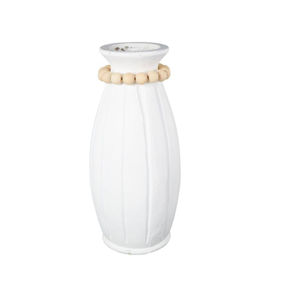 20 in. White Magnesium Oxide Ceramic Urn Decorative Vase with Light Brown Beads and Carved Grooves price history on PriceWatchPro