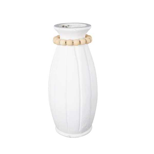Litton Lane 20 in. White Magnesium Oxide Ceramic Urn Decorative Vase with Light Brown Beads and Carved Grooves