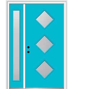 53 in. x 81.75 in. Frosted Right-Hand 3-Lite Diamond Modern Painted Fiberglass Smooth Prehung Front Door w/ Sidelites