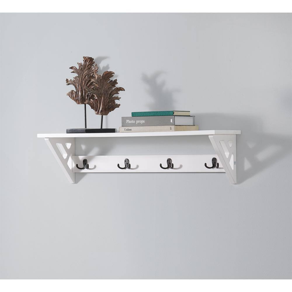 White Wall Mounted Coat Rack with Shelf and Hooks