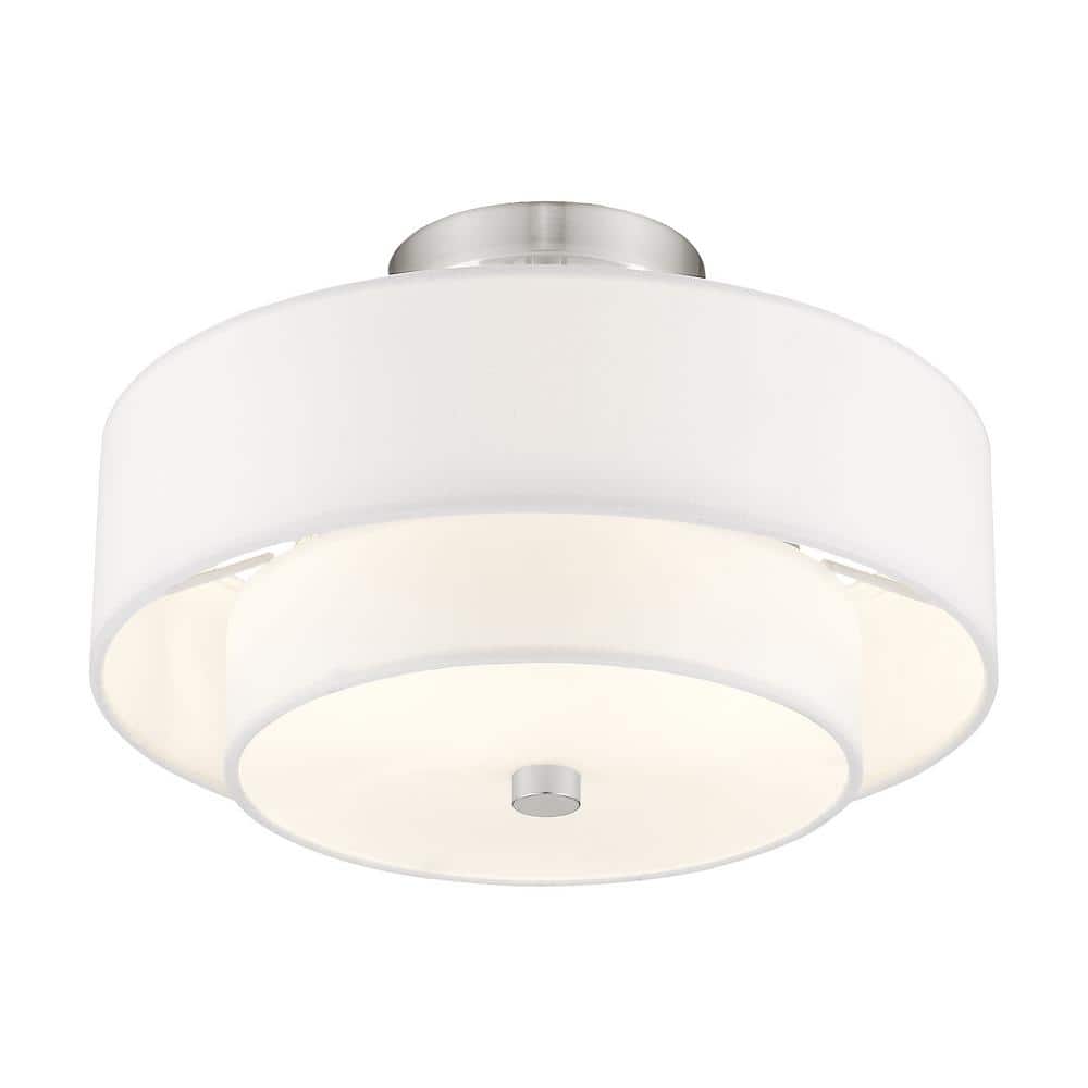 Claremont Brushed Nickel 2-Light Semi-Flush Drum with Off-White Shade