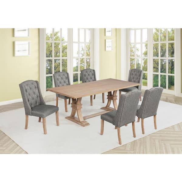 Best Quality Furniture Katt 7-Piece Rectangle Rustic Light Oak Finish Wood Top Dining Set with 6-Grey Linen Fabric Wing Chairs