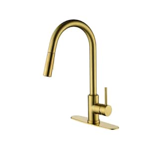 Single Handle Deck Mount Gooseneck Pull Down Sprayer Standard Kitchen Faucet with Deckplate Included in Gold