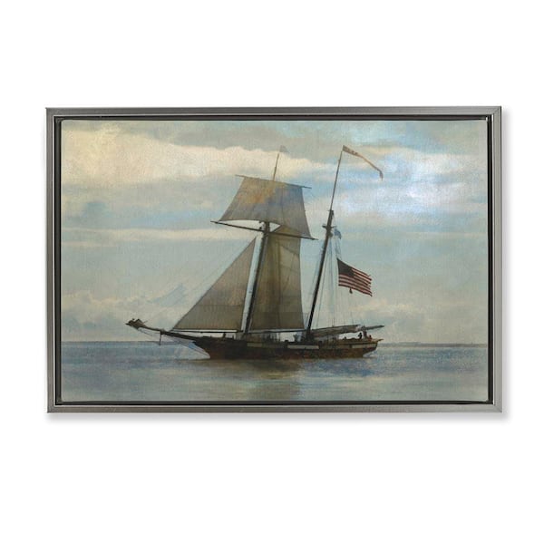Stupell Industries Classic Ship with Flag by Graffi tee Studios Gray Floater Frame Typography Graphic Art Print 17 in. x 25 in.