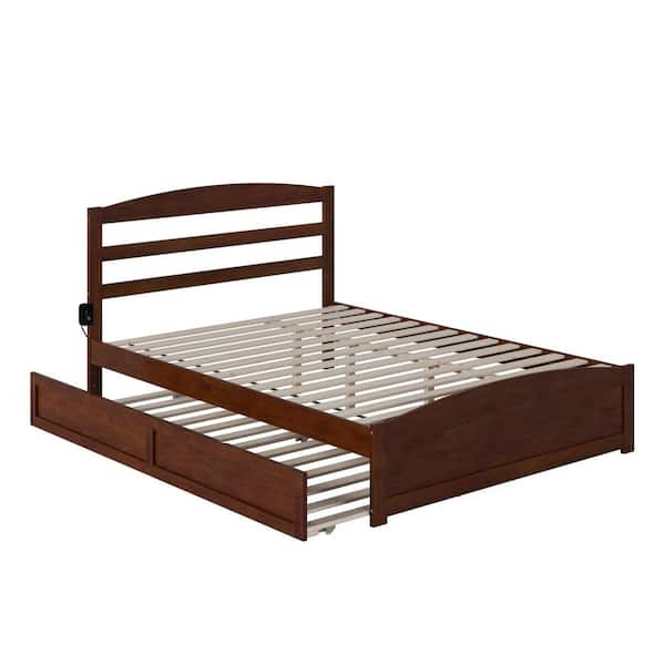 Warren 60-1/4 in. W Walnut Queen Wood Frame with Twin XL Pull Out Trundle Bed Footboard a USB Charger Platform Bed