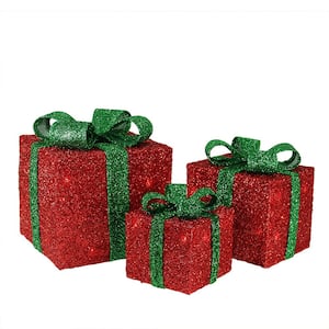 9 in. Christmas Outdoor Decorations Red Tinsel Gift Boxes with Green Bows Lighted (3-Pack)