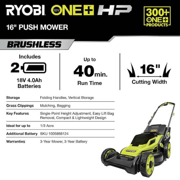 Ryobi P1109BTLVNM ONE+ HP 18V Brushless 16 in. Cordless Battery Walk Behind Push Lawn Mower (Tool Only)