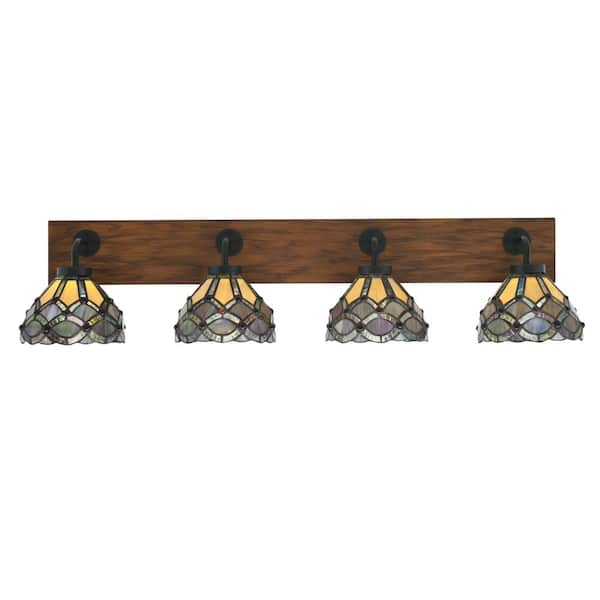 Unbranded Kirby 37.75 in. 4 Light Black & Painted Wood-look Vanity Light with 7 in. Gr& Merlot Art Glass Shades No Bulbs Included