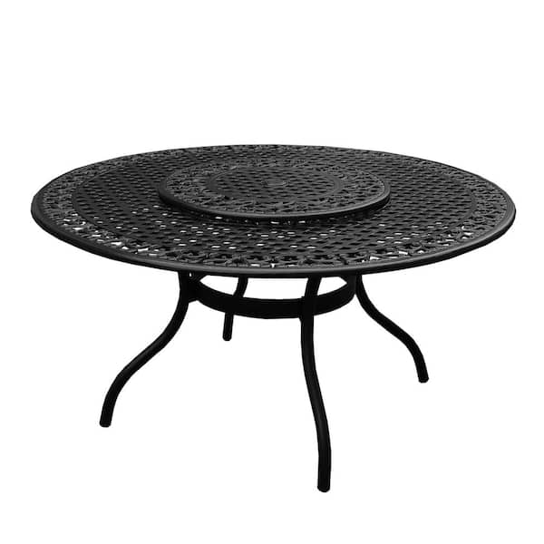 Oakland Living Black Round Aluminum Dining Height Outdoor Dining Table with Lazy Susan