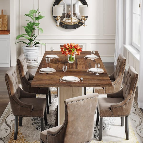 BYBLIGHT Roesler Brown&White Farmhouse Wood Dinner Table
