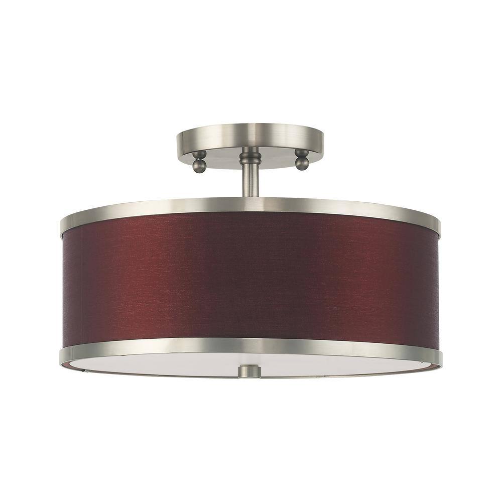 Brushed Nickel 2-Light Semi-Flush Mount with Red Wine Fabric Shade