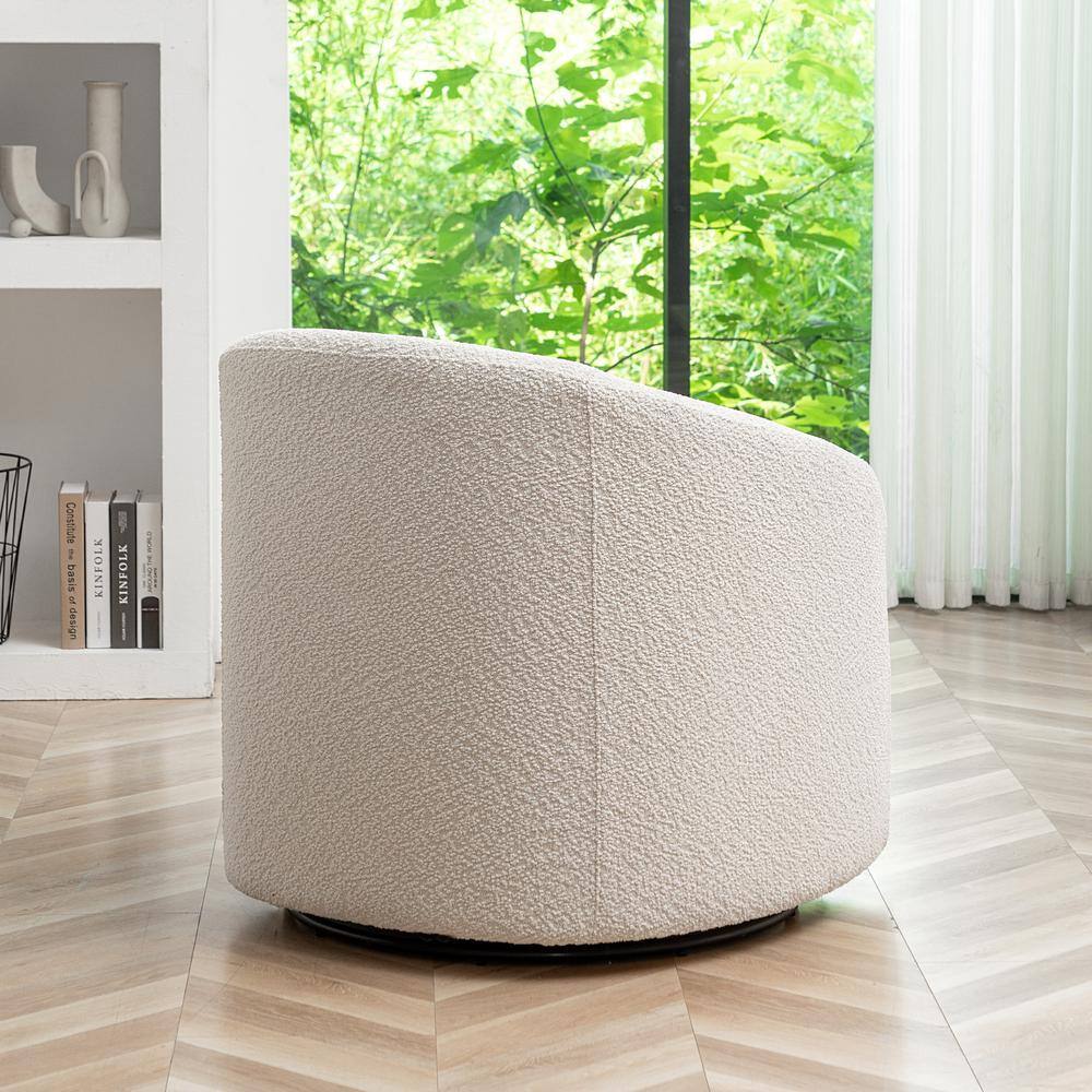 White Boucle Upholstered Swivel Barrel Accent Chair