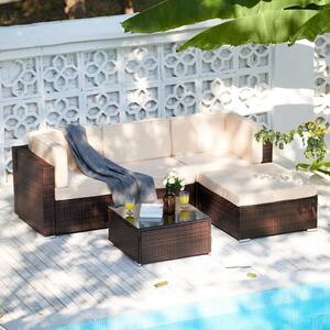 Walnut 5-Piece All-Weather Wicker Outdoor Sectional Set with Beige Cushions and Tempered Glass Coffee Table