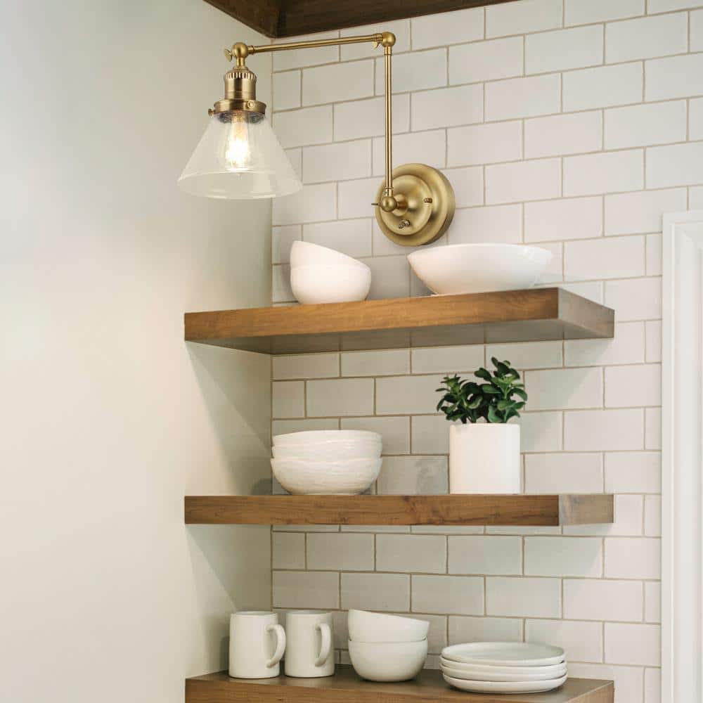 Satin Gold Swing Arm Wall Sconce with Clear Glass Shade