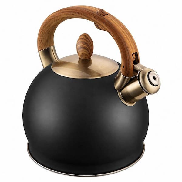 15-Cup Polished Black Stainless Steel Stovetop Tea Kettle, 2.6 qt. Whistling Loud Tea Kettle Tea Pot