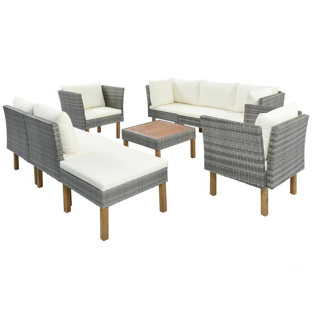 9-Piece Wicker Outdoor Patio Garden Sectional Set Sofa with Beige Bean Cush