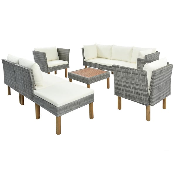 Unbranded 9-Piece Wicker Outdoor Patio Garden Sectional Set Sofa with Beige Bean Cushions