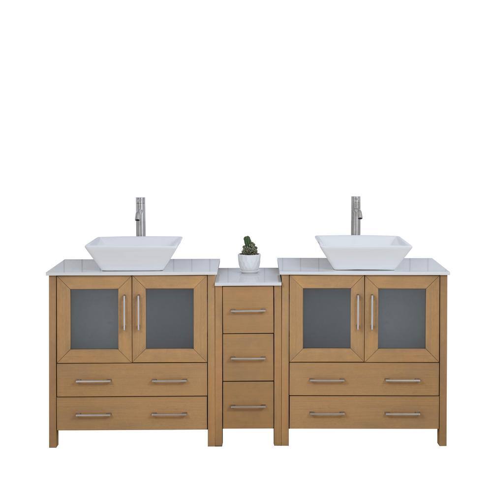 72 in. W Double Basin Natural Oak Bath Vanity with White Engineered Marble Top and Mirror