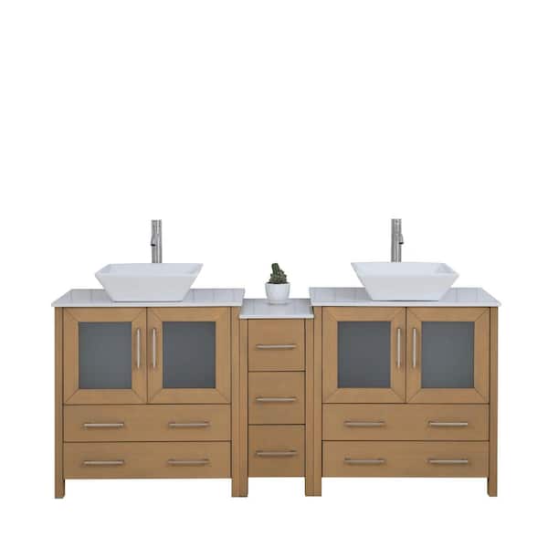 Vanity Art 72 in. W Double Basin Natural Oak Bath Vanity with White Engineered Marble Top and Mirror
