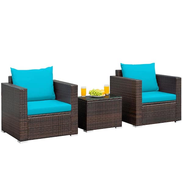 Costway 3-Piece Rattan Patio Furniture Set Conversation Sofa with Turquoise Cushioned