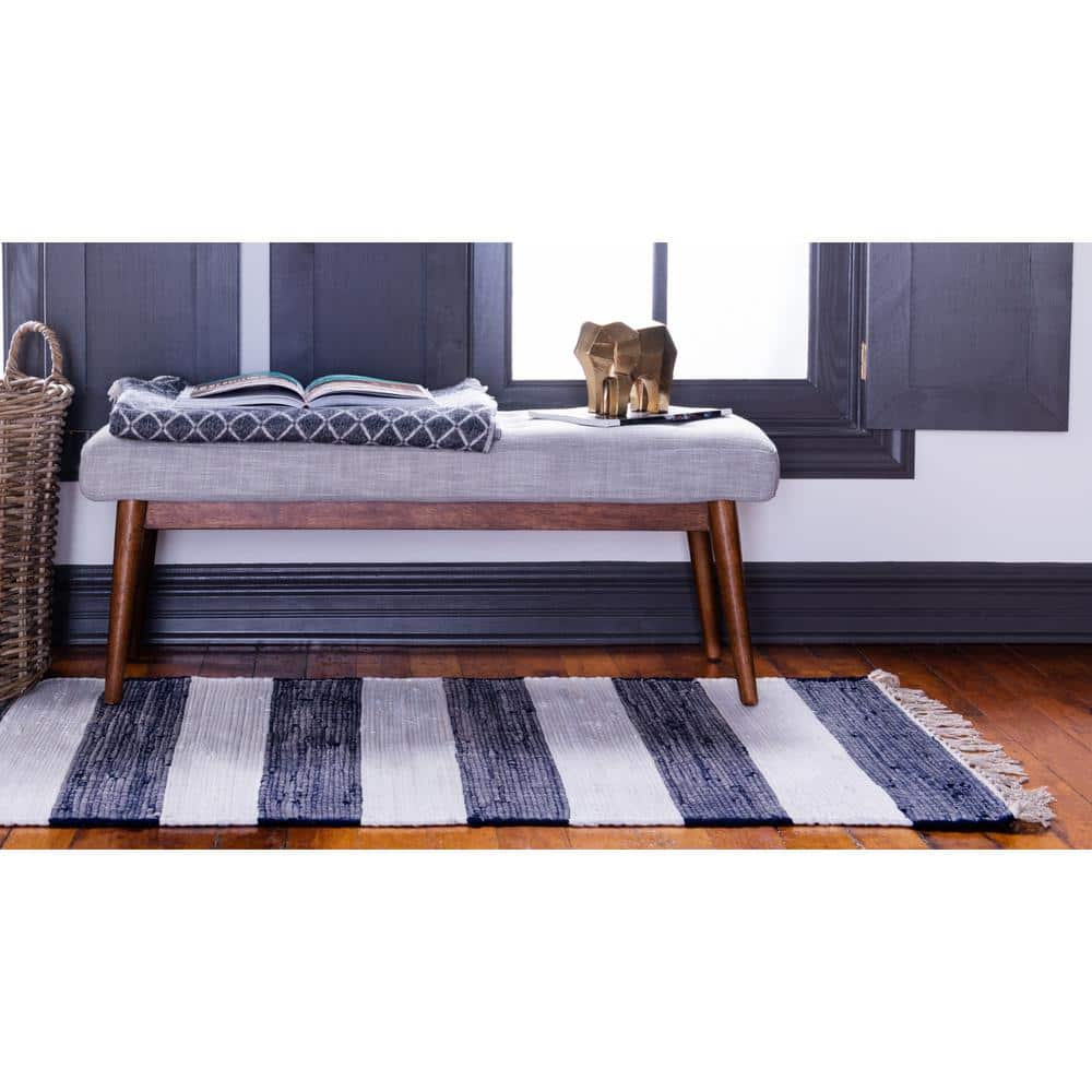 Handwoven Navy Blue Stripe Indoor Runner with Recycled Cotton