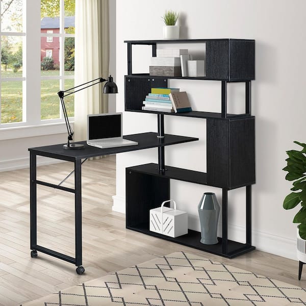 47.20 in. Retangular Black Rotatable L-Shaped Corner Home Office Computer Desk with 5-Tier Bookshelf and Casters