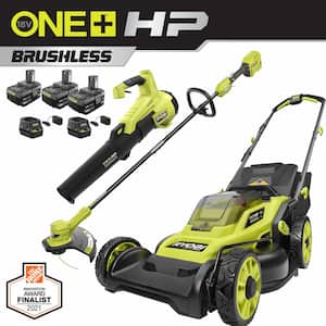 ONE+ HP 18V Brushless Cordless Battery Walk Behind Push Lawn Mower/Trimmer/Blower with (3) Batteries and (2) Chargers