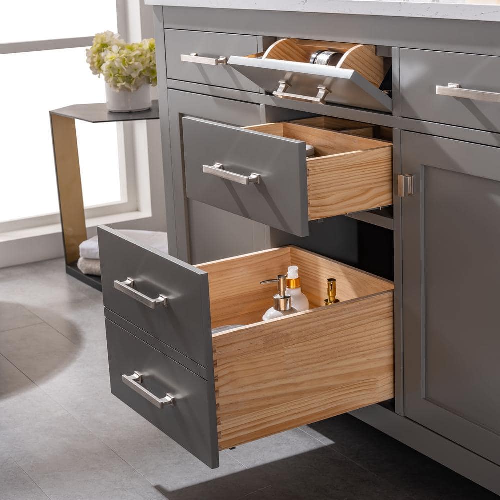 Gray and White 54'' Double Freestanding Bathroom Vanity with Engineered Stone Top