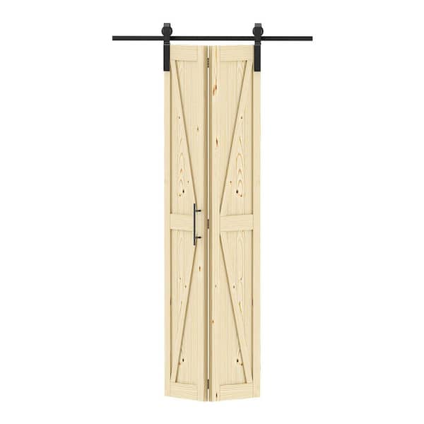 30 in. x 84 in. Solid Core Brown Finished Pine Wood Bi-Fold Door with Hardware Track Kit
