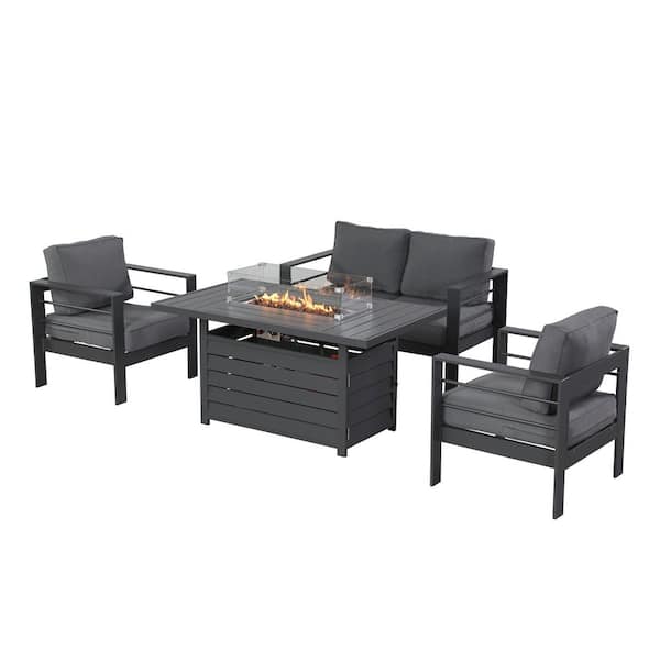 SUNVIVI 4-Piece Patio Furniture Set with Propane Firepit Table, Gray Cushion