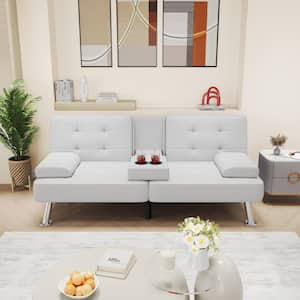 65 in. Convertible Folding Futon Sofa Bed, White Faux Leather Upholstered Roomy Love Seat