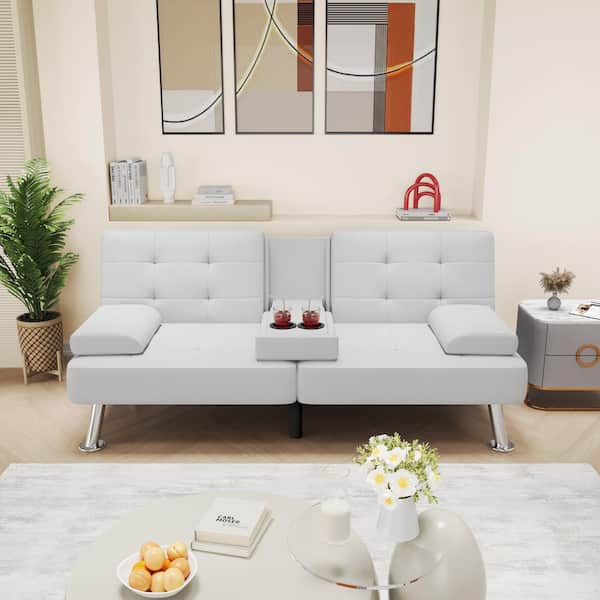 LACOO 65 in. Convertible Folding Futon Sofa Bed, White Faux Leather Upholstered Roomy Love Seat