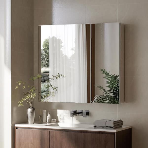 30 in. W x 26 in. H Rectangular Aluminum Recessed or Surface-Mount Medicine Cabinet with Mirror and 2 Doors