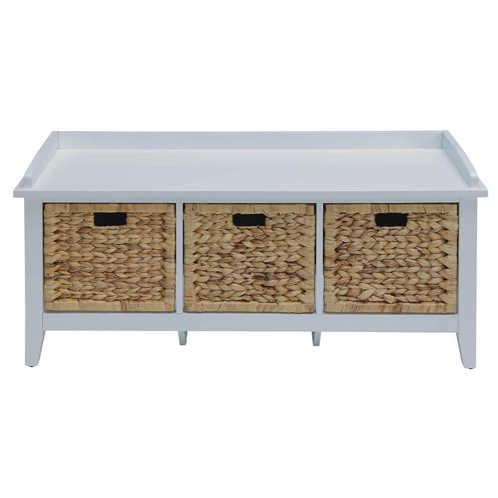 White Wood and Rattan Storage Bench with Drawers
