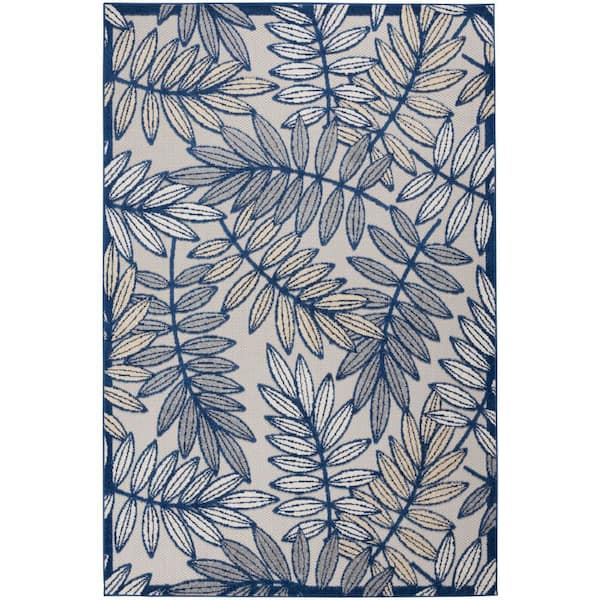 Aloha Ivory/Navy 5 ft. x 7 ft. Floral Modern Indoor/Outdoor Patio Area Rug