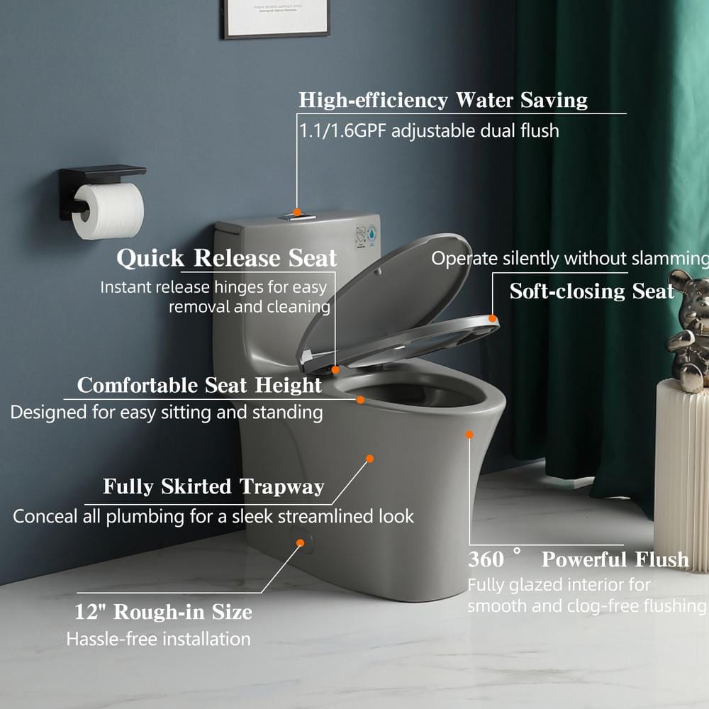 Light Gray Elongated Dual Flush One-Piece Toilet with Soft Closing Seat