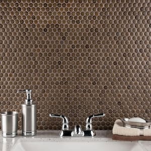 Hudson Penny Round Brownstone 12 in. x 12-5/8 in. Porcelain Mosaic Tile (10.7 sq. ft./Case)