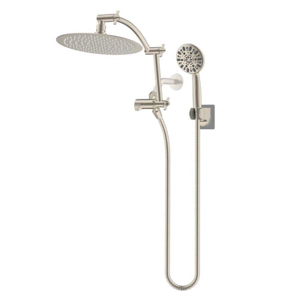 Hibbent Metal 7-Spray 10 in. Dual Wall Mount Fixed and Handheld Shower Head 1.8 GPM in Brushed Nickel with 16 in. Extension Arm