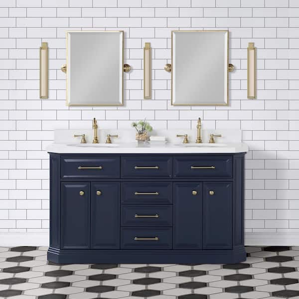 Water Creation Palace 60 in. W x 22 in. D Vanity in Monarch Blue with Quartz Vanity Top in White with White Basins