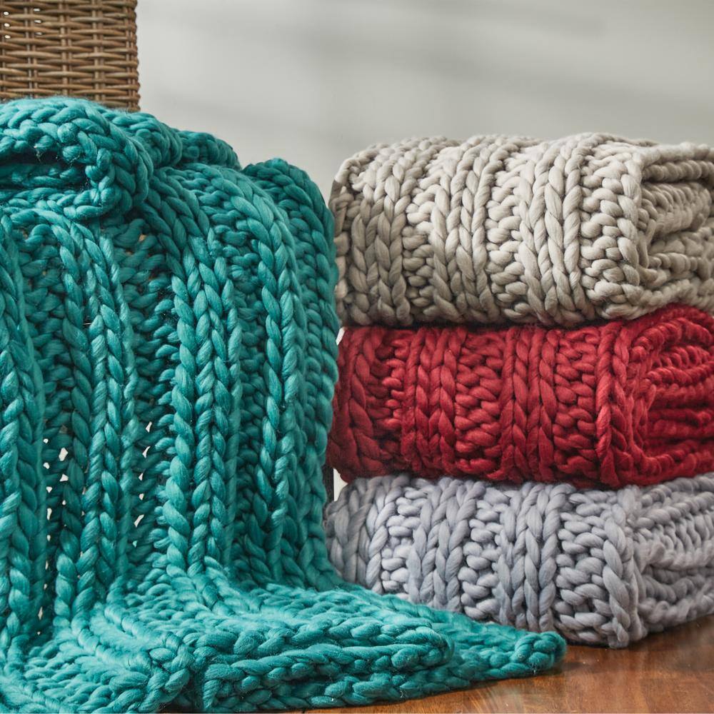Beige Chunky Ribbed Knit Cotton Throw Blanket