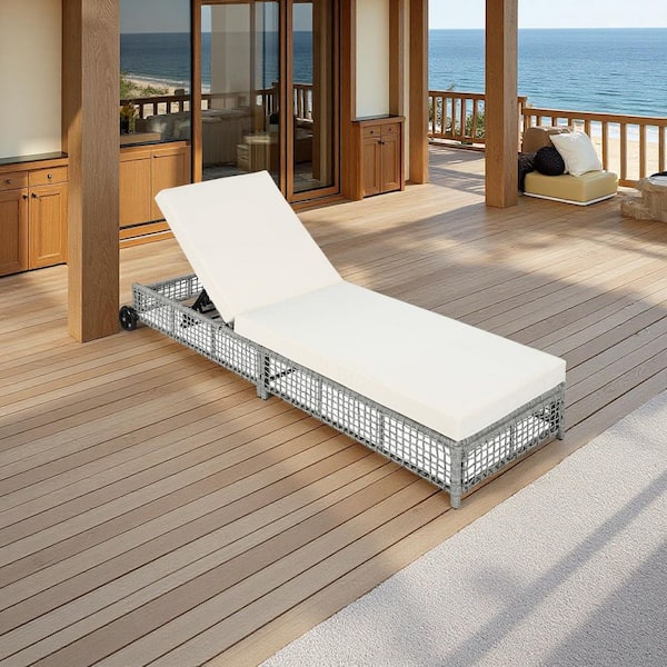 Unbranded Wicker Outdoor Adjustable Chaise Lounge Chair with Beige Cushion